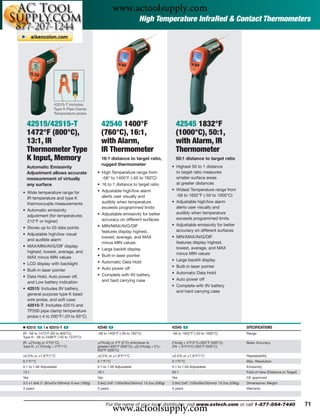 www.actoolsupply.com
                                                                      High Temperature InfraRed & Contact Thermometers




                    42515-T includes
                    Type K Pipe Clamp
                    Temperature probe


  42515/42515-T                               42540 1400°F                               42545 1832°F
  1472°F (800°C),                             (760°C), 16:1,                             (1000°C), 50:1,
  13:1, IR                                    with Alarm,                                with Alarm, IR
  Thermometer Type                            IR Thermometer                             Thermometer
  K Input, Memory                             16:1 distance to target ratio,             50:1 distance to target ratio
                                              rugged thermometer                       • Highest 50 to 1 distance
  Automatic Emissivity
  Adjustment allows accurate                • High Temperature range from                to target ratio measures
  measurement of virtually                    -58° to 1400°F (-50 to 760˚C)              smaller surface areas
  any surface                               • 16 to 1 distance to target ratio           at greater distances
                                            • Adjustable high/low alarm                • Widest Temperature range from
• Wide temperature range for
                                              alerts user visually and                   -58 to 1832°F (-50 to 1000°C)
  IR temperature and type K
  thermocouple measurements                   audibly when temperature                 • Adjustable high/low alarm
                                              exceeds programmed limits                  alerts user visually and
• Automatic emissivity
                                            • Adjustable emissivity for better           audibly when temperature
  adjustment (for temperatures
                                              accuracy on different surfaces             exceeds programmed limits
  212°F or higher)
                                            • MIN/MAX/AVG/DIF                          • Adjustable emissivity for better
• Stores up to 20 data points
                                              features display highest,                  accuracy on different surfaces
• Adjustable high/low visual
                                              lowest, average, and MAX                 • MIN/MAX/AVG/DIF
  and audible alarm
                                              minus MIN values                           features display highest,
• MAX/MIN/AVG/DIF display                                                                lowest, average, and MAX
                                            • Large backlit display
  highest, lowest, average, and                                                          minus MIN values
  MAX minus MIN values                      • Built-in laser pointer
                                            • Automatic Data Hold                      • Large backlit display
• LCD display with backlight
                                            • Auto power off                           • Built-in laser pointer
• Built-in laser pointer
                                            • Complete with 9V battery                 • Automatic Data Hold
• Data Hold, Auto power off,
                                              and hard carrying case                   • Auto power off
  and Low battery indication
                                                                                       • Complete with 9V battery
• 42515: Includes 9V battery,
                                                                                         and hard carrying case
  general purpose type K bead
  wire probe, and soft case
  42515-T: Includes 42515 and
  TP200 pipe clamp temperature
  probe (-4 to 200°F/-20 to 93°C)

Ⅲ 42515 ං | ᮡ 42515-T ං                     42540 ං                                    42545 ං                                    SPECIFICATIONS
IR: -58 to 1472°F (50 to 800°C);            -58 to 1400°F (-50 to 760°C)               -58 to 1832°F (-50 to 1000°C)              Range
Type K: -58 to 2498°F (-50 to 1370°C)
IR: ±2%rdg or 4°F(2°C);                     ±2%rdg or 4°F (2°C) whichever is           2%rdg + 4°F/2°C<932°F (500°C);             Basic Accuracy
Type K: ±1.5%rdg + 2°F/1°C                  greater<932°F (500°C); ±(2.5%rdg + 5°)>    3% + 9°F/4°C>932°F (500°C)
                                            932ºF (500°C)
±0.5% or ±1.8°F/1°C                         ±0.5% or ±1.8°F/1°C                        ±0.5% or ±1.8°F/1°C                        Repeatability
0.1°F/°C                                    0.1°F/°C                                   0.1°F/°C                                   Max. Resolution
0.1 to 1.00 Adjustable                      0.1 to 1.00 Adjustable                     0.1 to 1.00 Adjustable                     Emissivity
13:1                                        16:1                                       50:1                                       Field of View (Distance to Target)
Yes                                         Yes                                        Yes                                        CE approved
3.2 x1.6x6.3" (82x42x160mm)/ 6.4oz (180g)   3.9x2.2x9" (100x56x230mm)/ 10.2oz (290g)   3.9x2.2x9" (100x56x230mm)/ 10.2oz (290g)   Dimensions/ Weight
3 years                                     3 years                                    3 years                                    Warranty




                                                       www.actoolsupply.com
                                                   For the name of your local distributor, visit www.extech.com or call 1-877-894-7440                                 71
 