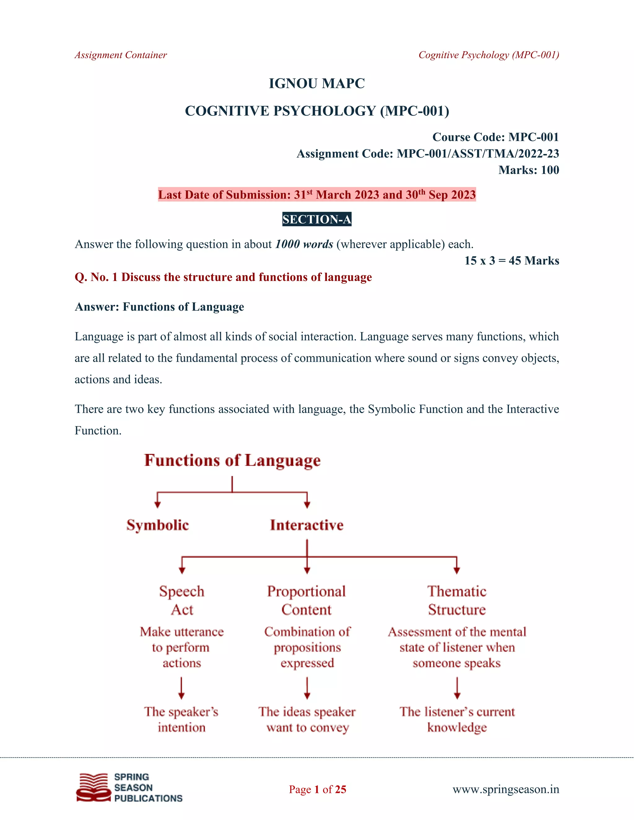 Assignment Container Cognitive Psychology (MPC-001)
Page 1 of 25 www.springseason.in
IGNOU MAPC
COGNITIVE PSYCHOLOGY (MPC-001)
Course Code: MPC-001
Assignment Code: MPC-001/ASST/TMA/2022-23
Marks: 100
Last Date of Submission: 31st March 2023 and 30th Sep 2023
SECTION-A
Answer the following question in about 1000 words (wherever applicable) each.
15 x 3 = 45 Marks
Q. No. 1 Discuss the structure and functions of language
Answer: Functions of Language
Language is part of almost all kinds of social interaction. Language serves many functions, which
are all related to the fundamental process of communication where sound or signs convey objects,
actions and ideas.
There are two key functions associated with language, the Symbolic Function and the Interactive
Function.
 