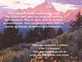Muito obrigada Senhor, pelas minhas mãos!
Mas também´pelas mãos que oram, que semeiam,
que agasalham. Mãos de amor, mãos de caridade,
de solidariedade. Mãos que apertam mãos. Mãos de
poesia, de cirurgia, de sinfonia, de psicografias...

Mãos que acalentam a velhice,
a dor e o desamor!
Mãos que acolhem ao seio do
corpo, um filho alheio, sem receio..

 