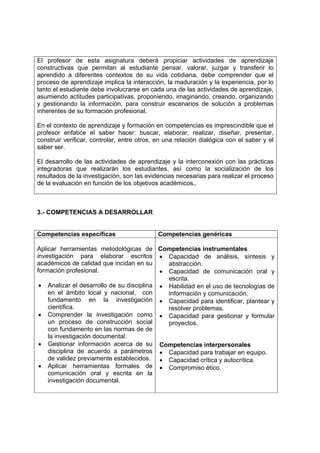 El profesor de esta asignatura deberá propiciar actividades de aprendizaje
constructivas que permitan al estudiante pensar, valorar, juzgar y transferir lo
aprendido a diferentes contextos de su vida cotidiana, debe comprender que el
proceso de aprendizaje implica la interacción, la maduración y la experiencia, por lo
tanto el estudiante debe involucrarse en cada una de las actividades de aprendizaje,
asumiendo actitudes participativas, proponiendo, imaginando, creando, organizando
y gestionando la información, para construir escenarios de solución a problemas
inherentes de su formación profesional.
En el contexto de aprendizaje y formación en competencias es imprescindible que el
profesor enfatice el saber hacer: buscar, elaborar, realizar, diseñar, presentar,
construir verificar, controlar, entre otros, en una relación dialógica con el saber y el
saber ser.
El desarrollo de las actividades de aprendizaje y la interconexión con las prácticas
integradoras que realizarán los estudiantes, así como la socialización de los
resultados de la investigación, son las evidencias necesarias para realizar el proceso
de la evaluación en función de los objetivos académicos..
3.- COMPETENCIAS A DESARROLLAR
Competencias específicas Competencias genéricas
Aplicar herramientas metodológicas de
investigación para elaborar escritos
académicos de calidad que incidan en su
formación profesional.
• Analizar el desarrollo de su disciplina
en el ámbito local y nacional, con
fundamento en la investigación
científica.
• Comprender la investigación como
un proceso de construcción social
con fundamento en las normas de de
la investigación documental.
• Gestionar información acerca de su
disciplina de acuerdo a parámetros
de validez previamente establecidos.
• Aplicar herramientas formales de
comunicación oral y escrita en la
investigación documental.
Competencias instrumentales
• Capacidad de análisis, síntesis y
abstracción.
• Capacidad de comunicación oral y
escrita.
• Habilidad en el uso de tecnologías de
información y comunicación.
• Capacidad para identificar, plantear y
resolver problemas.
• Capacidad para gestionar y formular
proyectos.
Competencias interpersonales
• Capacidad para trabajar en equipo.
• Capacidad crítica y autocrítica.
• Compromiso ético.
 