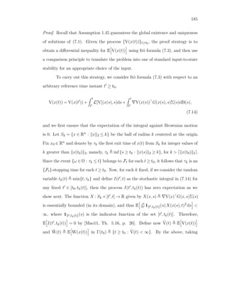 185
Proof. Recall that Assumption 1.45 guarantees the global existence and uniqueness
of solutions of (7.1). Given the process {V(x(t))}t≥t0, the proof strategy is to
obtain a diﬀerential inequality for E V(x(t)) using Itô formula (7.3), and then use
a comparison principle to translate the problem into one of standard input-to-state
stability for an appropriate choice of the input.
To carry out this strategy, we consider Itô formula (7.3) with respect to an
arbitrary reference time instant t ≥ t0,
V(x(t)) = V(x(t ))+
t
t
L[V](x(s),s)ds+
t
t
V(x(s)) G(x(s),s)Σ(s)dB(s),
(7.14)
and we ﬁrst ensure that the expectation of the integral against Brownian motion
is 0. Let Sk = {x ∈ Rn : x 2 ≤ k} be the ball of radius k centered at the origin.
Fix x0 ∈ Rn and denote by τk the ﬁrst exit time of x(t) from Sk for integer values of
k greater than x(t0) 2, namely, τk inf {s ≥ t0 : x(s) 2 ≥ k}, for k > x(t0) 2 .
Since the event {ω ∈ Ω : τk ≤ t} belongs to Ft for each t ≥ t0, it follows that τk is an
{Ft}-stopping time for each t ≥ t0. Now, for each k ﬁxed, if we consider the random
variable tk(t) min{t,τk} and deﬁne I(t ,t) as the stochastic integral in (7.14) for
any ﬁxed t ∈ [t0,tk(t)], then the process I(t ,tk(t)) has zero expectation as we
show next. The function X : Sk ×[t ,t] → R given by X(x,s) V(x) G(x,s)Σ(s)
is essentially bounded (in its domain), and thus E t
t 1[t ,tk(t)](s)X(x(s),t)2 ds <
∞, where 1[t ,tk(t)](s) is the indicator function of the set [t ,tk(t)]. Therefore,
E I(t ,tk(t)) = 0 by [Mao11, Th. 5.16, p. 26]. Deﬁne now ¯V(t) E V(x(t))
and ¯W(t) E W(x(t)) in Γ(t0) {t ≥ t0 : ¯V(t) < ∞}. By the above, taking
 