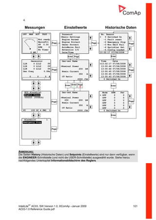 InteliLiteNT
AC03, SW Version 1.0, ©ComAp –Januar 2009 101
AC03-1.0 Reference Guide.pdf
4.
Messungen Einstellwerte Historische Daten
Generator
L1N 0 L1L2 0V
L1N 0 L1L2 0V
L1N 0 L1L2 0V
Gen freq 0.0Hz
0 0 0 A
OFF MAN AUT TEST !
Not ready
MainsFlt
PF 0.00
RPM 0
No Timer
0 kW 0
ECU AlarmList
>EngOil Press
000225 (000E1h)
FC 100 OC 4 FMI 1
AlarmList 1
Emergency Stop
Password
>Basic Settings
Engine Params
Engine Protect
Gener Protect
AutoMains Fail
Extension I/O
Date/Time
Page
Gen-set Name
>Nominal Power
200 kW
Nomin Current
350 A
CT Ratio
2000 /5A
Gen-set Name
>Nominal Power
250 200 kW
Nomin Current
350 A
CT Ratio
2000 /5A
No. Reason
> 0 Switched On
-1 Fault reset
-2 Emergency Stop
-3 Wrn RA15 Fail
-4 Sprinkler Set
-5 Config Loaded
13:02:17 07/08/2008
Time Date
>13:02:17 07/08/2008
13:00:46 07/08/2008
13:00:46 07/08/2008
13:00:45 07/08/2008
13:00:45 07/08/2008
13:00:43 07/08/2008
0 Switched On
Mode RPM Pwr
> OFF 0 0
OFF 0 0
OFF 0 0
OFF 0 0
OFF 0 0
OFF 0 0
0 Switched On
Page
Page
Page
Page
Page
Page
Page
Enter
Enter
EnterEnter Page
Enter Enter Page
ANMERKUNG:
Die Seiten History (Historische Daten) und Setpoints (Einstellwerte) sind nur dann verfügbar, wenn
die ENGINEER-Schnittstelle (und nicht die USER-Schnittstelle) ausgewählt wurde. Siehe hierzu
nachfolgendes Unterkapitel Informationsbildschirm des Reglers.
 