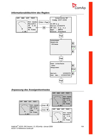 InteliLiteNT
AC03, SW Version 1.0, ©ComAp –Januar 2009 104
AC03-1.0 Reference Guide.pdf
Informationsbildschirm des Reglers
Anpassung des Anzeigenkontrastes
OFF MAN AUT TEST !
Not ready
MainsFlt
PF 0.00
RPM 0
No Timer
0 kW 0
Enter +
Enter +
OFF MAN AUT TEST !
Not ready
MainsFlt
PF 0.00
RPM 0
No Timer
0 kW 0
OFF MAN AUT TEST !
Not ready
MainsFlt
PF 0.00
RPM 0
No Timer
0 kW 0
OFF MAN AUT TEST !
Not ready
MainsFlt
PF 0.00
RPM 0
No Timer
0 kW 0
InteliLite NT
ComAp 2007-2008
IL-NT-x.y
Serial:12345678
SW ver: x.y, x.y
Appl : AMF25
Branch: Standard
Page
Languages
>English
Chinese
Enter + Page
User interface:
User
>Engineer
Serial: 12345678
Pwd. dec.: 1234567890
Page
Page
Enter
Enter
 