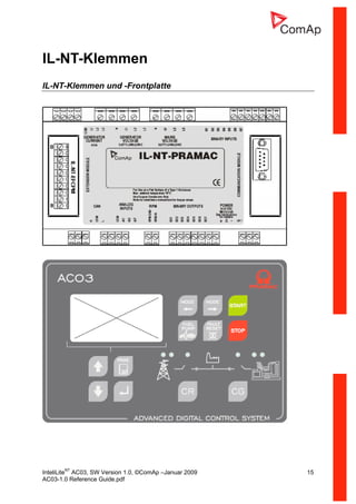 InteliLiteNT
AC03, SW Version 1.0, ©ComAp –Januar 2009 15
AC03-1.0 Reference Guide.pdf
IL-NT-Klemmen
IL-NT-Klemmen und -Frontplatte
 