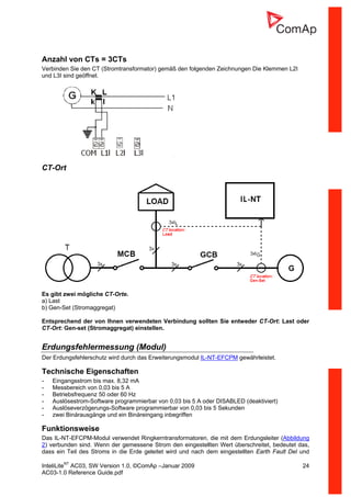 InteliLiteNT
AC03, SW Version 1.0, ©ComAp –Januar 2009 24
AC03-1.0 Reference Guide.pdf
Anzahl von CTs = 3CTs
Verbinden Sie den CT (Stromtransformator) gemäß den folgenden Zeichnungen Die Klemmen L2I
und L3I sind geöffnet.
CT-Ort
Es gibt zwei mögliche CT-Orte.
a) Last
b) Gen-Set (Stromaggregat)
Entsprechend der von Ihnen verwendeten Verbindung sollten Sie entweder CT-Ort: Last oder
CT-Ort: Gen-set (Stromaggregat) einstellen.
Erdungsfehlermessung (Modul)
Der Erdungsfehlerschutz wird durch das Erweiterungsmodul IL-NT-EFCPM gewährleistet.
Technische Eigenschaften
- Eingangsstrom bis max. 8,32 mA
- Messbereich von 0,03 bis 5 A
- Betriebsfrequenz 50 oder 60 Hz
- Auslösestrom-Software programmierbar von 0,03 bis 5 A oder DISABLED (deaktiviert)
- Auslöseverzögerungs-Software programmierbar von 0,03 bis 5 Sekunden
- zwei Binärausgänge und ein Binäreingang inbegriffen
Funktionsweise
Das IL-NT-EFCPM-Modul verwendet Ringkerntransformatoren, die mit dem Erdungsleiter (Abbildung
2) verbunden sind. Wenn der gemessene Strom den eingestellten Wert überschreitet, bedeutet das,
dass ein Teil des Stroms in die Erde geleitet wird und nach dem eingestellten Earth Fault Del und
 