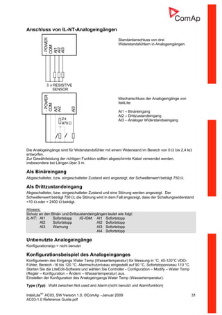 InteliLiteNT
AC03, SW Version 1.0, ©ComAp –Januar 2009 31
AC03-1.0 Reference Guide.pdf
Anschluss von IL-NT-Analogeingängen
AI1
AI2
3 x RESISTIVE
SENSOR
AI3
COM
-POWER
Standardanschluss von drei
Widerstandsfühlern in Analogeingängen.
COM
-POWER
AI1
AI2
AI3
Mischanschluss der Analogeingänge von
IteliLite:
AI1 – Binäreingang
AI2 – Drittzustandeingang
AI3 – Analoger Widerstandseingang
Die Analogeingänge sind für Widerstandsfühler mit einem Widerstand im Bereich von 0 Ω bis 2,4 kΩ
entworfen.
Zur Gewährleistung der richtigen Funktion sollten abgeschirmte Kabel verwendet werden,
insbesondere bei Längen über 3 m.
Als Binäreingang
Abgeschalteter, bzw. eingeschalteter Zustand wird angezeigt; der Schwellenwert beträgt 750 Ω.
Als Drittzustandeingang
Abgeschalteter, bzw. eingeschalteter Zustand und eine Störung werden angezeigt. Der
Schwellenwert beträgt 750 Ω; die Störung wird in dem Fall angezeigt, dass der Schaltungswiderstand
<10 Ω oder > 2400 Ω beträgt.
Hinweis:
Schutz an den Binär- und Drittzustandeingängen lautet wie folgt:
IL-NT: AI1 Sofortstopp IG-IOM: AI1 Sofortstopp
AI2 Sofortstopp AI2 Sofortstopp
AI3 Warnung AI3 Sofortstopp
AI4 Sofortstopp
Unbenutzte Analogeingänge
Konfigurationstyp = nicht benutzt
Konfigurationsbeispiel des Analogeinganges
Konfigurieren des Eingangs Water Temp (Wassertemperatur) für Messung in °C, 40-120°C VDO-
Fühler, Bereich -16 bis 120 °C. Alarmschutzniveau eingestellt auf 90 °C, Sofortstoppniveau 110 °C.
Starten Sie die LiteEdit-Software und wählen Sie Controller - Configuration – Modify – Water Temp
(Regler – Konfiguration – Ändern – Wassertemperatur) aus.
Einstellen der Konfiguration des Analogeingangs Water Temp (Wassertemperatur):
Type (Typ): Wahl zwischen Not used and Alarm (nicht benutzt und Alarmfunktion)
 