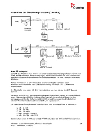 InteliLiteNT
AC03, SW Version 1.0, ©ComAp –Januar 2009 34
AC03-1.0 Reference Guide.pdf
Anschluss der Erweiterungsmodule (CAN-Bus)
CAN H
CAN L
IGL-RA15 (optional)
CAN H
CAN L
or
CANL
CANH
COM
IGS-PTM (optional)
CANL
CANH
COM
IG-IOM (optional)
59
CANL
CANH
120 ohm
EXTENSION
MODULES
H
L120ohm
10 ohm
15nF
COM
IL-NT
EXTENSION
MODULESCOM
CAN H
CAN L
IGL-RA15
(optional)
Engine
Electronic Control Unit
CAN H
CAN L
CAN H
CAN L
H
L
or
120ohm
CANL
CANH
COM
IGS-PTM (optional)
CANL
CANH
COM
IG-IOM (optional)
59
CANL
CANH
120 ohm
CAN HI
CAN LO
120ohm
10 ohm
15nF
COM
IL-NT
Anschlussregeln
Der CAN-Bus-Anschluss muss in Reihe von einem Gerät zum nächsten angeschlossen werden (kein
STAR, keine Kabelstutzen, keine Abzweigungen). Beide Enden müssen durch einen (internen oder
externen) 120-Ohm Abschlusswiderstand abgeschlossen werden. Die max. CAN-Bus-Länge beträgt
200 Meter.
Nähere Informationen zu CAN-Datenkabeln finden Sie im Kapitel Technische Daten –
Kommunikationsschnittstelle. Die CAN-Kabelabschirmung wird an die IL-NT COM-Klemme
angeschlossen.
IL-NT beinhaltet einen festen 120-Ohm-Internwiderstand und muss sich auf dem CAN-Busende
befinden.
Neue IG-IOM- und IGS-PTM-Einheiten enthalten einen abnehmbaren internen Brückenverbinder mit
einem Widerstand von 120 Ohm (in älteren IOM-Typen befinden sich feste Widerstände). Um
sicherzugehen, prüfen Sie die Funktionalität mit Hilfe eines Ohmmessgerätes. Die Einheit mit
internem Widerstand wird an das Ende der CAN-Linie angeschlossen.
Die folgenden Verbindungen werden unterstützt (IOM, PTM, ECU-Reihenfolge ist unerheblich).
IL- NT – IG-IOM
IL- NT – IGS-PTM
IL- NT – IGL-RA15
IL- NT – IG-IOM – IGL-RA15
IL- NT – IGS-PTM – IGL-RA15
Es ist möglich, nur ein IG-IOM oder ein IGS-PTM Modul und ein IGL-RA15 an IG-CU anzuschließen.
 
