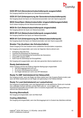 InteliLiteNT
AC03, SW Version 1.0, ©ComAp –Januar 2009 43
AC03-1.0 Reference Guide.pdf
GCB Off Coil (Generatorschutzschalterspule ausgeschaltet)
Der Ausgang deaktiviert die Spule vom Generatorschutzschalter.
GCB UV Coil (Unterspannung der Generatorschutzschalterspule)
Der Ausgang steuert die Spule vom Generatorschutzschalter nach dem Spannungsausfall.
MCB Close/Open (Netzschutzschalter eingeschaltet/ausgeschaltet)
Durch diesen Ausgang wird der Netzschutzschalter gesteuert.
MCB On Coil (Netzschutzschalterspule eingeschaltet)
Der Ausgang aktiviert die Spule vom Netzschutzschalter.
MCB Off Coil (Netzschutzschalterspule ausgeschaltet)
Der Ausgang deaktiviert die Spule vom Netzschutzschalter.
MCB UV Coil (Unterspannung der Netzschutzschalterspule)
Der Ausgang steuert die Spule vom Netzschutzschalter nach dem Spannungsausfall.
Breaker Trip (Auslösen des Schutzschalters)
Dieser Ausgang ist für das Auslösen eines zusätzlichen Schutzschalters vorgesehen.
Der Ausgang wird eingeschaltet, wenn einer der folgenden Alarme aktiviert wird.
• Emergency Stop (Not Aus)
• Overload Sd (Sofortstopp bei Überlastung)
• GShort Crct Sd (Sofortstopp bei Kurzschluss des Generators)
• Amps IDMT (Ampere IDMT)
• Earth Fault Sd (Sofortstopp bei Erdungsfehler)
Der Ausgang wird ausgeschaltet, wenn alle oben genannten Alarme deaktiviert sind.
Ready (betriebsbereit)
Dieser Ausgang wird bei der Erfüllung folgender Bedingungen eingeschaltet:
• Das Stromaggregat läuft nicht und
• Es ist kein Sofortstoppschutz aktiviert
• Der Regler befindet sich nicht in der OFF-Betriebsart.
Ready To AMF (betriebsbereit bei Netzausfall)
Der Ausgang ist aktiv, wenn der Regler den Motor starten kann (der Ausgang Ready ist aktiv) oder
wenn der Motor bereits läuft und der Regler sich gleichzeitig im AUT-Modus befindet.
Ready To Load (betriebsbereit zur Lastaufnahme)
Der Ausgang ist eingeschaltet, wenn das Aggregat läuft und alle elektrischen Werte sich innerhalb
ihrer zulässigen Grenzen befinden und kein Alarm aktiv ist – es ist möglich, den
Generatorschutzschalter einzuschalten oder er ist bereits eingeschaltet. Der Ausgang öffnet sich
während des Abkühlzustands.
Running (Normallauf)
Der Ausgang ist eingeschaltet, wenn der Motor läuft.
Cooling (Abkühlen)
Der Ausgang wird eingeschaltet, wenn das Stromaggregat sich im Zustand des Abkühlens befindet.
 