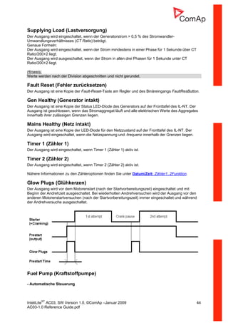InteliLiteNT
AC03, SW Version 1.0, ©ComAp –Januar 2009 44
AC03-1.0 Reference Guide.pdf
Supplying Load (Lastversorgung)
Der Ausgang wird eingeschaltet, wenn der Generatorstrom > 0,5 % des Stromwandler-
Umwandlungsverhältnisses (CT Ratio) beträgt.
Genaue Formeln:
Der Ausgang wird eingeschaltet, wenn der Strom mindestens in einer Phase für 1 Sekunde über CT
Ratio/200+2 liegt.
Der Ausgang wird ausgeschaltet, wenn der Strom in allen drei Phasen für 1 Sekunde unter CT
Ratio/200+2 liegt.
Hinweis:
Werte werden nach der Division abgeschnitten und nicht gerundet.
Fault Reset (Fehler zurücksetzen)
Der Ausgang ist eine Kopie der Fault-Reset-Taste am Regler und des Binäreingangs FaultResButton.
Gen Healthy (Generator intakt)
Der Ausgang ist eine Kopie der Status LED-Diode des Generators auf der Fronttafel des IL-NT. Der
Ausgang ist geschlossen, wenn das Stromaggregat läuft und alle elektrischen Werte des Aggregates
innerhalb ihrer zulässigen Grenzen liegen.
Mains Healthy (Netz intakt)
Der Ausgang ist eine Kopie der LED-Diode für den Netzzustand auf der Fronttafel des IL-NT. Der
Ausgang wird eingeschaltet, wenn die Netzspannung und -frequenz innerhalb der Grenzen liegen.
Timer 1 (Zähler 1)
Der Ausgang wird eingeschaltet, wenn Timer 1 (Zähler 1) aktiv ist.
Timer 2 (Zähler 2)
Der Ausgang wird eingeschaltet, wenn Timer 2 (Zähler 2) aktiv ist.
Nähere Informationen zu den Zähleroptionen finden Sie unter Datum/Zeit: Zähler1..2Funktion.
Glow Plugs (Glühkerzen)
Der Ausgang wird vor dem Motorenstart (nach der Startvorbereitungszeit) eingeschaltet und mit
Beginn der Andrehzeit ausgeschaltet. Bei wiederholten Andrehversuchen wird der Ausgang vor den
anderen Motorenstartversuchen (nach der Startvorbereitungszeit) immer eingeschaltet und während
der Andrehversuche ausgeschaltet.
Fuel Pump (Kraftstoffpumpe)
- Automatische Steuerung
 