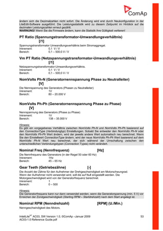 InteliLiteNT
AC03, SW Version 1.0, ©ComAp –Januar 2009 53
AC03-1.0 Reference Guide.pdf
ändern sich die Dezimalzahlen nicht sofort. Die Änderung wird erst durch Neukonfiguration in der
LiteEdit-Software ausgeführt. Die Leistungsstatistik wird zu diesem Zeitpunkt im Hinblick auf die
dezimalen Leistungszahlen erneut gezählt.
WARNUNG! Wenn Sie die Firmware ändern, kann die Statistik ihre Gültigkeit verlieren!
PT Ratio (Spannungstransformator-Umwandlungsverhältnis)
[/1]
Spannungstransformator Umwandlungsverhältnis beim Stromaggregat.
Inkrement: 0,1 V / V
Bereich: 0,1 – 500,0 V / V
Vm PT Ratio (Netzspannungstransformator-Umwandlungsverhältnis)
[/1]
Netzspannungstransformator-Umwandlungsverhältnis.
Inkrement: 0,1 V / V
Bereich: 0,1 – 500,0 V / V
NomVolts Ph-N (Generatornennspannung Phase zu Neutralleiter)
[V]
Die Nennspannung des Generators (Phasen zu Neutralleiter)
Inkrement: 1V
Bereich: 80 – 20.000 V
NomVolts Ph-Ph (Generatornennspannung Phase zu Phase)
[V]
Nennspannung des Generators (Phase zu Phase)
Inkrement: 1V
Bereich: 138 – 35.000 V
Hinweis:
Es gibt ein vorgegebenes Verhältnis zwischen NomVolts Ph-N und NomVolts Ph-Ph basierend auf
den ConnectionType (Verbindungtyp) Einstellungen. Sobald Sie entweder den NomVolts Ph-N oder
den NomVolts Ph-Ph Wert ändern, wird der jeweils andere Wert automatisch neu berechnet. Wenn
Sie den Einstellwert ConnectionType ändern, wird der neue NomVolts Ph-Ph Wert basierend auf dem
NomVolts Ph-N Wert neu berechnet, der sich während der Umschaltung zwischen den
unterschiedlichen Verbindungstypen (Connection Types) nicht verändert.
Nominal Freq (Nennfrequenz) [Hz]
Die Nennfrequenz des Generators (in der Regel 50 oder 60 Hz)
Inkrement: 1Hz
Bereich: 45 – 65 Hz
Gear Teeth (Getriebezähne) [-]
Die Anzahl der Zähne für den Aufnehmer der Drehgeschwindigkeit am Motorschwungrad.
Wenn der Aufnehmer nicht verwendet wird, soll die auf Null eingestellt werden. Die
Motorgeschwindigkeit wird von der Generatorfrequenz berechnet.
Inkrement: 1
Bereich: 0 – 500
Hinweis:
Die Generatorfrequenz kann nur dann verwendet werden, wenn die Generatorspannung (min. 5 V) vor
Erreichen der Zündgeschwindigkeit (Starting RPM – Startdrehzahl) nach dem Start angelegt ist.
Nominal RPM (Nenndrehzahl) [RPM] (U./Min.)
Nenngeschwindigkeit des Motors.
 