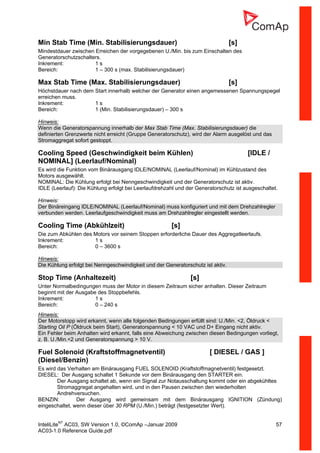 InteliLiteNT
AC03, SW Version 1.0, ©ComAp –Januar 2009 57
AC03-1.0 Reference Guide.pdf
Min Stab Time (Min. Stabilisierungsdauer) [s]
Mindestdauer zwischen Erreichen der vorgegebenen U./Min. bis zum Einschalten des
Generatorschutzschalters.
Inkrement: 1 s
Bereich: 1 – 300 s (max. Stabilisierungsdauer)
Max Stab Time (Max. Stabilisierungsdauer) [s]
Höchstdauer nach dem Start innerhalb welcher der Generator einen angemessenen Spannungspegel
erreichen muss.
Inkrement: 1 s
Bereich: 1 (Min. Stabilisierungsdauer) – 300 s
Hinweis:
Wenn die Generatorspannung innerhalb der Max Stab Time (Max. Stabilisierungsdauer) die
definierten Grenzwerte nicht erreicht (Gruppe Generatorschutz), wird der Alarm ausgelöst und das
Stromaggregat sofort gestoppt.
Cooling Speed (Geschwindigkeit beim Kühlen) [IDLE /
NOMINAL] (Leerlauf/Nominal)
Es wird die Funktion vom Binärausgang IDLE/NOMINAL (Leerlauf/Nominal) im Kühlzustand des
Motors ausgewählt.
NOMINAL: Die Kühlung erfolgt bei Nenngeschwindigkeit und der Generatorschutz ist aktiv.
IDLE (Leerlauf): Die Kühlung erfolgt bei Leerlaufdrehzahl und der Generatorschutz ist ausgeschaltet.
Hinweis:
Der Binäreingang IDLE/NOMINAL (Leerlauf/Nominal) muss konfiguriert und mit dem Drehzahlregler
verbunden werden. Leerlaufgeschwindigkeit muss am Drehzahlregler eingestellt werden.
Cooling Time (Abkühlzeit) [s]
Die zum Abkühlen des Motors vor seinem Stoppen erforderliche Dauer des Aggregatleerlaufs.
Inkrement: 1 s
Bereich: 0 – 3600 s
Hinweis:
Die Kühlung erfolgt bei Nenngeschwindigkeit und der Generatorschutz ist aktiv.
Stop Time (Anhaltezeit) [s]
Unter Normalbedingungen muss der Motor in diesem Zeitraum sicher anhalten. Dieser Zeitraum
beginnt mit der Ausgabe des Stoppbefehls.
Inkrement: 1 s
Bereich: 0 – 240 s
Hinweis:
Der Motorstopp wird erkannt, wenn alle folgenden Bedingungen erfüllt sind: U./Min. <2, Öldruck <
Starting Oil P (Öldruck beim Start), Generatorspannung < 10 VAC und D+ Eingang nicht aktiv.
Ein Fehler beim Anhalten wird erkannt, falls eine Abweichung zwischen diesen Bedingungen vorliegt,
z. B. U./Min.<2 und Generatorspannung > 10 V.
Fuel Solenoid (Kraftstoffmagnetventil) [ DIESEL / GAS ]
(Diesel/Benzin)
Es wird das Verhalten am Binärausgang FUEL SOLENOID (Kraftstoffmagnetventil) festgesetzt.
DIESEL: Der Ausgang schaltet 1 Sekunde vor dem Binärausgang den STARTER ein.
Der Ausgang schaltet ab, wenn ein Signal zur Notausschaltung kommt oder ein abgekühltes
Stromaggregat angehalten wird, und in den Pausen zwischen den wiederholten
Andrehversuchen.
BENZIN: Der Ausgang wird gemeinsam mit dem Binärausgang IGNITION (Zündung)
eingeschaltet, wenn dieser über 30 RPM (U./Min.) beträgt (festgesetzter Wert).
 