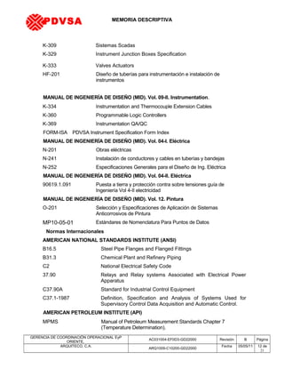 MEMORIA DESCRIPTIVA
K-309 Sistemas Scadas
K-329 Instrument Junction Boxes Specification
K-333 Valves Actuators
HF-201 Diseño de tuberías para instrumentación e instalación de
instrumentos
MANUAL DE INGENIERÍA DE DISEÑO (MID). Vol. 09-II. Instrumentation.
K-334 Instrumentation and Thermocouple Extension Cables
K-360 Programmable Logic Controllers
K-369 Instrumentation QA/QC
FORM-ISA PDVSA Instrument Specification Form Index
MANUAL DE INGENIERÍA DE DISEÑO (MID). Vol. 04-I. Eléctrica
N-201 Obras eléctricas
N-241 Instalación de conductores y cables en tuberías y bandejas
N-252 Especificaciones Generales para el Diseño de Ing. Eléctrica
MANUAL DE INGENIERÍA DE DISEÑO (MID). Vol. 04-II. Eléctrica
90619.1.091 Puesta a tierra y protección contra sobre tensiones guía de
Ingeniería Vol 4-II electricidad
MANUAL DE INGENIERÍA DE DISEÑO (MID). Vol. 12. Pintura
O-201 Selección y Especificaciones de Aplicación de Sistemas
Anticorrosivos de Pintura
MP10-05-01 Estándares de Nomenclatura Para Puntos de Datos
Normas Internacionales
AMERICAN NATIONAL STANDARDS INSTITUTE (ANSI)
B16.5 Steel Pipe Flanges and Flanged Fittings
B31.3 Chemical Plant and Refinery Piping
C2 National Electrical Safety Code
37.90 Relays and Relay systems Associated with Electrical Power
Apparatus
C37.90A Standard for Industrial Control Equipment
C37.1-1987 Definition, Specification and Analysis of Systems Used for
Supervisory Control Data Acquisition and Automatic Control.
AMERICAN PETROLEUM INSTITUTE (API)
MPMS Manual of Petroleum Measurement Standards Chapter 7
(Temperature Determination).
GERENCIA DE COORDINACIÓN OPERACIONAL EyP
ORIENTE,
AC031004-EF0D3-GD22000 Revisión B Página
ARQUITECO, C.A.
ARQ1009-C10200-GD22000
Fecha 05/05/11 12 de
21
PDVSA
 