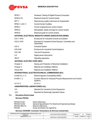 MEMORIA DESCRIPTIVA
RP55.1 Hardware Testing of Digital Process Computers
RP60.8-78 Electrical Guide for Control Center
RP7.7 Reproducing quality Instrument air Superseded
RP60.1 a 60.11 Control Center Facilities
RP60.3 Human engineering for control centers
RP60.6 Nameplates, labels and tags for control centers
RP60.8 Electrical guide for control centers
NATIONAL ELECTRICAL MANUFACTURERS ASSOCIATION (NEMA)
ICS-1-1978 Enclosures for Industrial Controls and System
ICS-2-1978 Standard for Industrial Control Devices, Controllers and
Assemblies
ICS-3 Industrial System
ICS-6-88 Enclosure for Industrial Control Systems
ICS-190 Test and Procedures
II-2 Digital panel instruments
SB-27 Signalling apparatus
NATIONAL ELECTRIC CODE (NEC)
Chapter 2 Desing and Protection of Electrical Installation
Chapter 3 Material and Installation Method
Article 645 Material and Installation Method
INTERNATIONAL ELECTROTECHNICAL COMMISSIONS (IEC)
61000-4-2, 3, 4 Electromagnetic Compatibility (EMC)
61499-1, 2 Function Blocks for Industrial Process Measurement and Control
Systems
61131-3 61131-3
UNDERWRITERS LABORATORIES (UL)
508 Standard for Industrial Control Equipment
1002 Standard for Electrically Operated Valves
7.4 Disciplina Electricidad
Normas PDVSA
PDVSA N-201 Obras Eléctricas
PDVSA N-252 General Specification For Electrical Engineering Design
PDVSA NB-212 Motores Eléctricos.
PDVSA Guías de Diseño de Ingeniería
Normas COVENIN Comisión Venezolana de Normas Industriales
GERENCIA DE COORDINACIÓN OPERACIONAL EyP
ORIENTE,
AC031004-EF0D3-GD22000 Revisión B Página
ARQUITECO, C.A.
ARQ1009-C10200-GD22000
Fecha 05/05/11 14 de
21
PDVSA
 