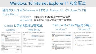 Windows 10 Internet Explorer 11 の変更点
既定のフォントが Windows 8.1 までは、Meiryo UI、Windows 10 では
Yu Gothic UI
Cookie に関する設定が簡略化
Windows 10Windows 7 Windows 7 Windows 10
ファミリー セーフティの設定が廃止
Windows 7
Windows 10
 