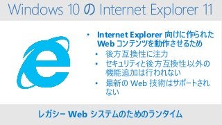 Windows 10 の Internet Explorer 11
• Internet Explorer 向けに作られた
Web コンテンツを動作させるため
• 後方互換性に注力
• セキュリティと後方互換性以外の
機能追加は行われない
• 最新の Web 技術はサポートされ
ない
レガシー Web システムのためのランタイム
 