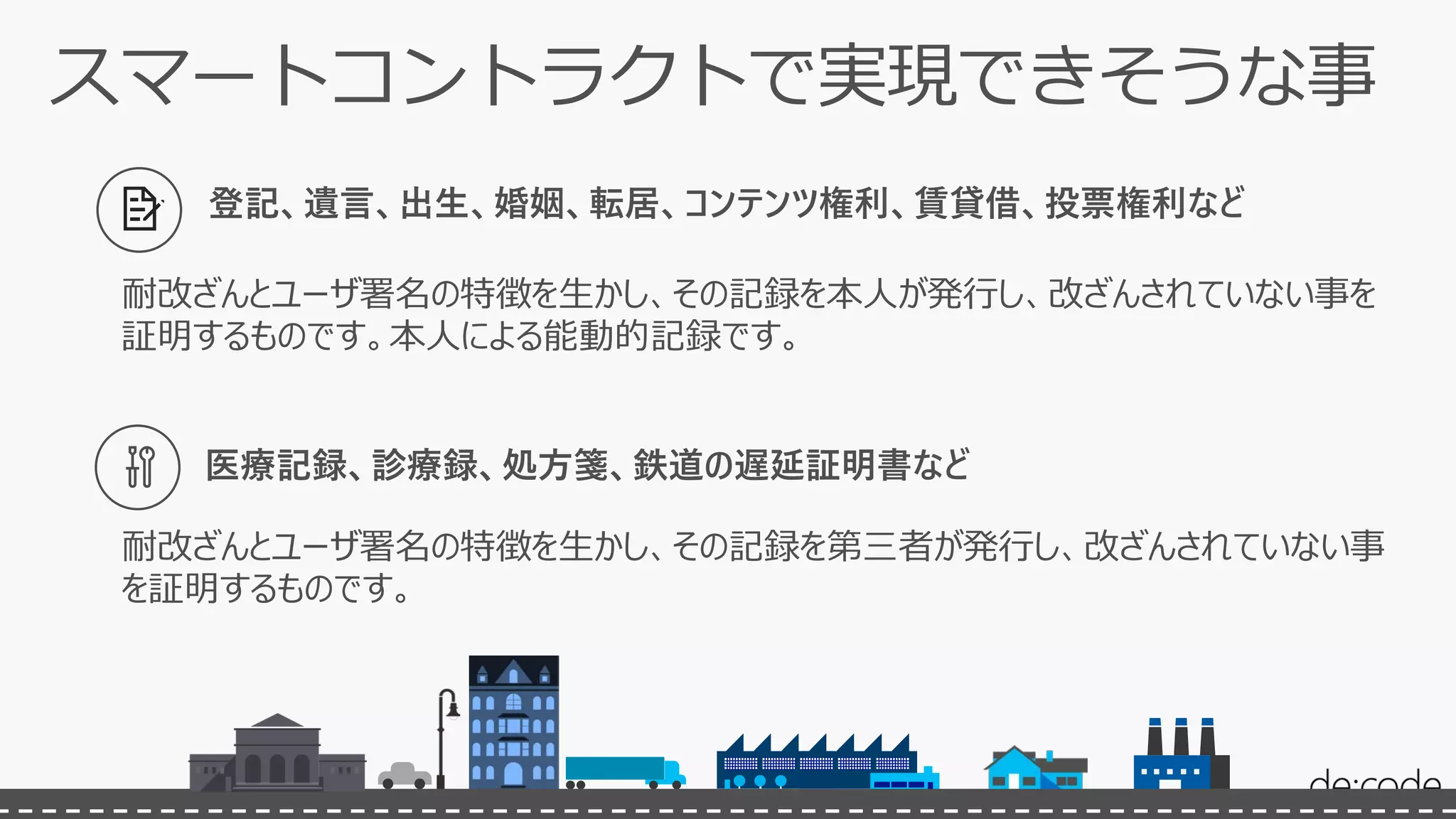 登記、遺言、出生、婚姻、転居、コンテンツ権利、賃貸借、投票権利など
耐改ざんとユーザ署名の特徴を生かし、その記録を本人が発行し、改ざんされていない事を
証明するものです。本人による能動的記録です。
医療記録、診療録、処方箋、鉄道の遅延証明書など
耐改ざんとユーザ署名の特徴を生かし、その記録を第三者が発行し、改ざんされていない事
を証明するものです。
 