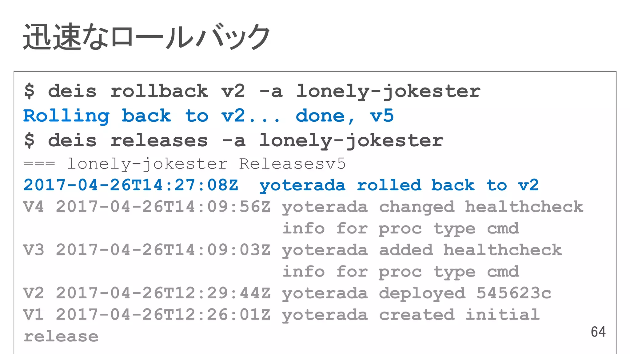 $ deis rollback v2 -a lonely-jokester
Rolling back to v2... done, v5
$ deis releases -a lonely-jokester
=== lonely-jokester Releasesv5
2017-04-26T14:27:08Z yoterada rolled back to v2
V4 2017-04-26T14:09:56Z yoterada changed healthcheck
info for proc type cmd
V3 2017-04-26T14:09:03Z yoterada added healthcheck
info for proc type cmd
V2 2017-04-26T12:29:44Z yoterada deployed 545623c
V1 2017-04-26T12:26:01Z yoterada created initial
release
 