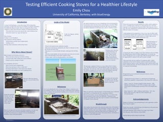 RESEARCH POSTER PRESENTATION DESIGN © 2012
www.PosterPresentations.com
Badly designed wood-burning cook stoves:
-Waste extra time to heat up even before cooking
-Lose heat easily while cooking due to poor insulation
-Produce excessive amounts of smoke
As a consequence, the stoves:
-Waste wood for fuel to maintain heat
-Waste time and money to buy or collect fuel
-Encourage deforestation to meet unnecessary demand
-Negatively affect health every day by polluting the air
Why Worry About Stoves?
-Wood is first burned in the combustion chamber
-Heat rises to the first pot, insulated by ash. Since it is directly over the
pot, the pot can reach a boil
-Heat passes to a second chamber through a small gap in the dividing
wall
-With the second chamber, the heat and smoke stay in the stove for more
time so the particulates in the smoke continue to burn
-Cleaner smoke, with less irritating particles, exits chimney
Inside of the Model
After reading some documents that mentioned adobe bricks off-handedly, I
realized that could be a clue to more information. Though we did not make
our bricks ourselves, they were similar to adobe, so using an adobe-style
mortar between bricks would most likely bond well. Furthermore, the
subject is well-developed out of more wide-spread interest, with details on
the theory as well as the application.
Breakthrough
Results
While following leads and understanding how adobe could be applied to
stoves, I stumbled upon useful tips in constructing the stove, but more
important was the background around the tidbits. More than just a list of
facts, they also explained the overall principles that could be generalized to
different locations. For instance:
-Understanding the best proportions of clay to use, since too little would
not bind bricks together but too much would weaken the joins. In practice,
soil composition changes for each location so a simple shake test can
evaluate whether the soil would be appropriate to use.
-Comparing the effects of adding several other materials to the soil. While
the original manual called for finely chopped grass, it is not the only
option. Though grass acts as a direct link within the drying mixture, it can
be supplemented or replaced with sand for greater strength.
-Most practically, the best conditions for preparing adobe. A likely
explanation of why the first attempt cracked was that the still-drying
mortar shrank too much as water evaporated so they could not stick to the
bricks. Soaking the bricks also before spreading the mix over it slows rate
of evaporation and shrinkage.
References
Though details are not referenced in the poster directly, resources
mentioned are below:
- “Testing Soil for Clay Content” is a video hosted on Youtube that
demonstrates qualitative measurements of clay along with a shake test
- Vargas, J. and et al, “Seismic strength of adobe masonry,” 1986,
Materials and Structures 19, 253-258. It compares types of adobe
reinforcement, including graphs measuring cracks and strength under
stress.
- Hohn, Charles M., “ABCs of Making Adobe Bricks,” 2011, New
Mexico State University. http://aces.nmsu.edu/pubs/_g/g-
521/welcome.html
Acknowledgements
Thanks to Cal Energy Corps and blueEnergy for this opportunity, and the
Peace Corps for support
Thanks also to people with blueEnergy who helped move the project past
obstacles and answered questions:
Christopher Sparadeo, Gilles Charlier, Eric Lopp, Casey Callais
Talia Macauley, Holly McKenna, Dylan Dibble
And Don Melvin and his family for their help
However, an improved cook stove will reduce emissions, save fuel, and
still remain easy to use so the new technology will be more easily
accepted. Even if the stove is a miracle, if it is too intimidating or
unfamiliar it may not become popular.
University of California, Berkeley; with blueEnergy
Emily Chou
Testing Efficient Cooking Stoves for a Healthier Lifestyle
Despite the openings
between walls and
roof, there was still
enough lingering
smoke to cure their
meat-- but also
irritate lungs.
This stove, little more than an
open box, was used inside of the
house
Milestones
I worked with blueEnergy, a renewable energy NGO in Bluefields,
Nicaragua, on improving cook stoves for families in isolated communities.
We studied the Inkawasi model, which was designed by Peace Corps
volunteers in other Latin American countries. It seemed promising, but
-The model had not been tested specifically on the Caribbean coast
-Instruction manual was vague and imprecise
Plan of Action:
Evaluate its user-friendliness
Gain experience with the model by:
-brainstorming possible areas of improvement
-building a stove
Develop clearer instructions with our discoveries
We started construction on a stove at blueEnergy, but were frustrated by
the persistent cracks when the exterior mud-and-grass coat dried. While
our manual had given proportions for the mix, they were very general
descriptions dependent on individual cases, such as “a bucket’s worth.”
Introduction
Even before the final polish
was added, it was clear the
mixture used here was much
easier to work with.
A side-view diagram, with the
wall cutaway.
Patching cracks with more
worked temporarily, but
when that second layer
dried, it often cracked
again. The unexpected
problem demonstrated a
renewed need for precision
to prevent confusion.
When we came back to the first project, we knew that the stove could look
much better so we dismantled the stove, preparing to rebuilt it.
However, the mixture’s success had been partly luck, so we had to find
more information to know what to do differently. Literature on one
specific stove model out of the many types in existence is limited though,
so I thought I faced a dead end.
We had nearly completed it before we went to Rocky Point to build a
stove. The Rocky Point stove, with Don Melvin’s help, was much less
problematic, but with only a little more understanding of the differences.
Don Melvin, preparing for our arrival, had already helpfully mixed the
mud for us, but his proportions were no more exact than ours.
As we were planning the stove, a Peace Corp volunteer invited us to see
an installation of the stove, the first one they would build on the Caribbean
coast. A volunteer who specialized in building stoves visited for a few days
to direct the community.
It was very reassuring to see the process before trying it ourselves.
When the thickness of
the clay layer after
settling is compared to
the sample layer, the
proportion is found
 