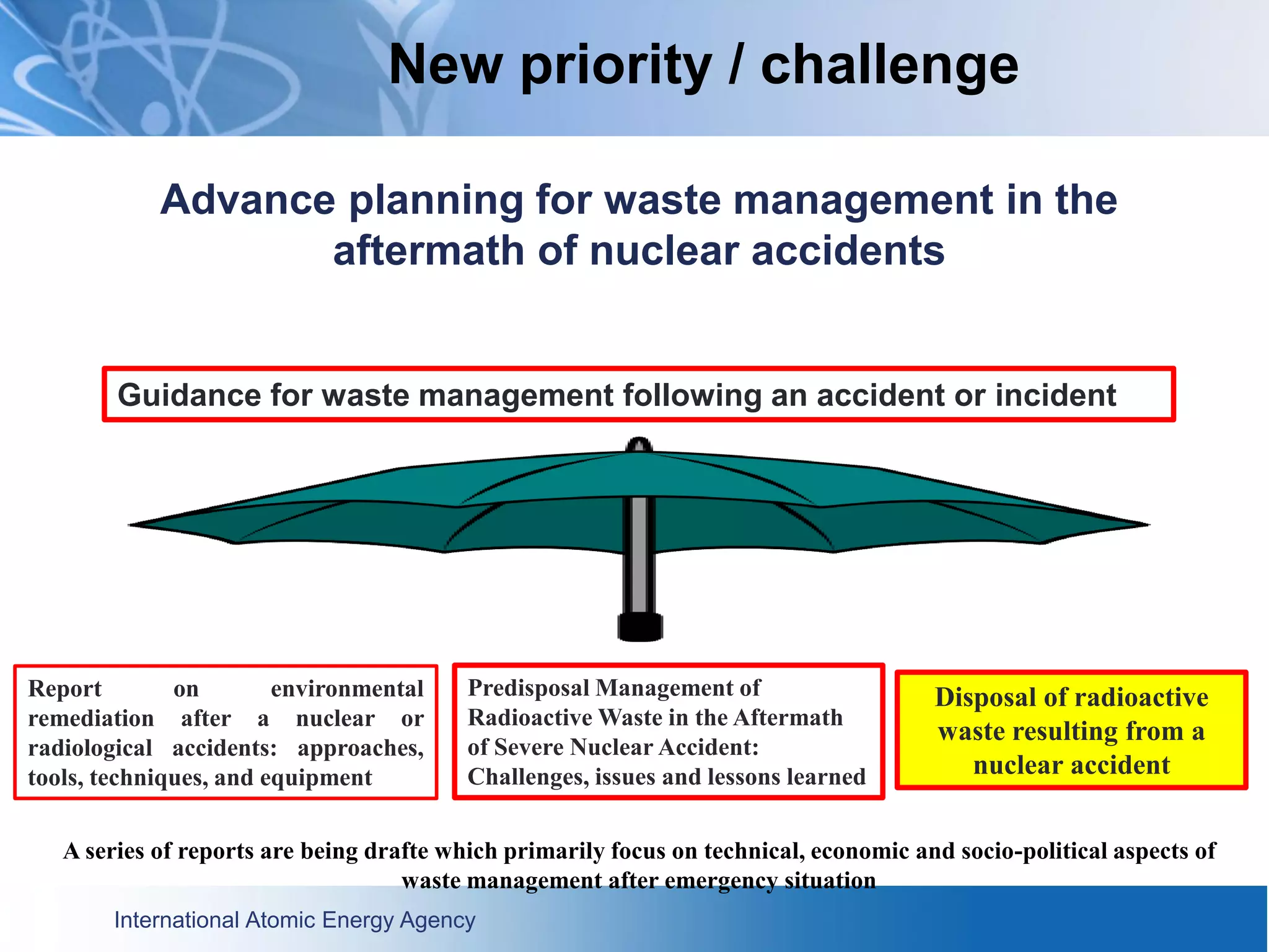 International Atomic Energy Agency
Guidance for waste management following an accident or incident
Disposal of radioactive
waste resulting from a
nuclear accident
Predisposal Management of
Radioactive Waste in the Aftermath
of Severe Nuclear Accident:
Challenges, issues and lessons learned
Report on environmental
remediation after a nuclear or
radiological accidents: approaches,
tools, techniques, and equipment
A series of reports are being drafte which primarily focus on technical, economic and socio-political aspects of
waste management after emergency situation
Advance planning for waste management in the
aftermath of nuclear accidents
New priority / challenge
 