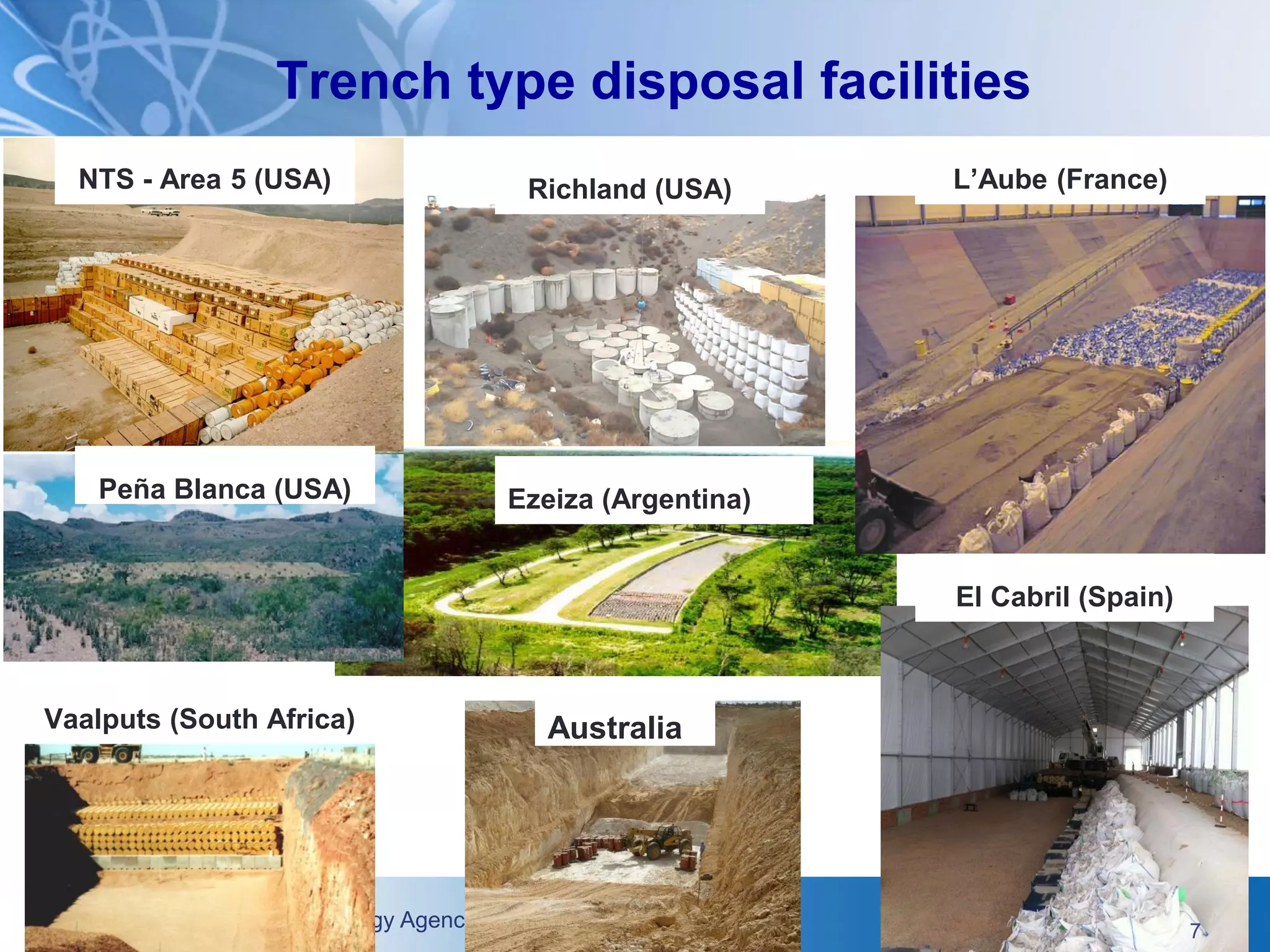 International Atomic Energy Agency
Trench type disposal facilities
NTS - Area 5 (USA)
Peña Blanca (USA)
Richland (USA)
Ezeiza (Argentina)
Vaalputs (South Africa)
L’Aube (France)
El Cabril (Spain)
7
Australia
 