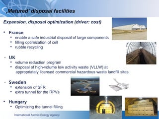 International Atomic Energy Agency
Expansion, disposal optimization (driver: cost)
• France
• enable a safe industrial disposal of large components
• filling optimization of cell
• rubble recycling
• UK
• volume reduction program
• disposal of high-volume low activity waste (VLLW) at
appropriately licensed commercial hazardous waste landfill sites
• Sweden
• extension of SFR
• extra tunnel for the RPVs
• Hungary
• Optimizing the tunnel filling
‚Matured’ disposal facilities
 