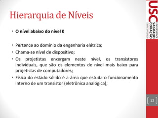 Hierarquia de Níveis
• O nível abaixo do nível 0

• Pertence ao domínio da engenharia elétrica;
• Chama-se nível de dispositivo;
• Os projetistas enxergam neste nível, os transistores
  individuais, que são os elementos de nível mais baixo para
  projetistas de computadores;
• Física do estado sólido é a área que estuda o funcionamento
  interno de um transistor (eletrônica analógica);


                                                                12
 