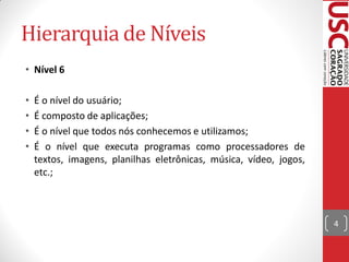 Hierarquia de Níveis
• Nível 6

•   É o nível do usuário;
•   É composto de aplicações;
•   É o nível que todos nós conhecemos e utilizamos;
•   É o nível que executa programas como processadores de
    textos, imagens, planilhas eletrônicas, música, vídeo, jogos,
    etc.;



                                                                    4
 