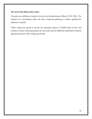 The Up-To-The-Minute Observation
The parties are enabling to compel to the activities and performance (Marsh, P.D.V. 2001). The
violation of a circumstance allows the above misgiving gathering to reckless spending the
indenture as rejected.
TAM‟s college has agreed to provide the marketing contract to NAMS based on their oral
evidence of intense marketing program for one month only for £6000 and established an inferred
agreement between TAM‟s college and NAMS.

10

 