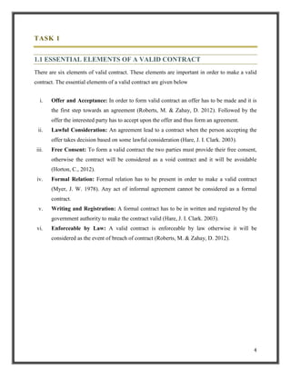 TASK 1
1.1 ESSENTIAL ELEMENTS OF A VALID CONTRACT
There are six elements of valid contract. These elements are important in order to make a valid
contract. The essential elements of a valid contract are given below
i.

Offer and Acceptance: In order to form valid contract an offer has to be made and it is
the first step towards an agreement (Roberts, M. & Zahay, D. 2012). Followed by the
offer the interested party has to accept upon the offer and thus form an agreement.

ii.

Lawful Consideration: An agreement lead to a contract when the person accepting the
offer takes decision based on some lawful consideration (Hare, J. I. Clark. 2003).

iii.

Free Consent: To form a valid contract the two parties must provide their free consent,
otherwise the contract will be considered as a void contract and it will be avoidable
(Horton, C., 2012).

iv.

Formal Relation: Formal relation has to be present in order to make a valid contract
(Myer, J. W. 1978). Any act of informal agreement cannot be considered as a formal
contract.

v.

Writing and Registration: A formal contract has to be in written and registered by the
government authority to make the contract valid (Hare, J. I. Clark. 2003).

vi.

Enforceable by Law: A valid contract is enforceable by law otherwise it will be
considered as the event of breach of contract (Roberts, M. & Zahay, D. 2012).

4

 