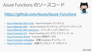 https://github.com/Azure/Azure-Functions
• Azure WebJobs SDK script - Azure Functions ランタイム
• Azure WebJobs SDK - Azure Functions ランタイム コアとバインディング
• Azure WebJobs SDK extensions - バインディング リポジトリ
• Azure Functions CLI - Azure Functions CLI コマンドライン ツール
• Azure Functions Portal - Functions 開発ポータル
• Azure Functions templates - 各種 Functions テンプレート
• Azure Functions samples - 各種サンプルコード リポジトリ
 