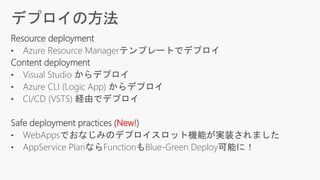 Resource deployment
• Azure Resource Managerテンプレートでデプロイ
Content deployment
• Visual Studio からデプロイ
• Azure CLI (Logic App) からデプロイ
• CI/CD (VSTS) 経由でデプロイ
Safe deployment practices (New!)
• WebAppsでおなじみのデプロイスロット機能が実装されました
• AppService PlanならFunctionもBlue-Green Deploy可能に！
 