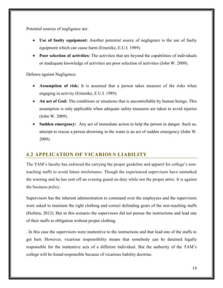 Potential sources of negligence are:


Use of faulty equipment: Another potential source of negligence is the use of faulty
equipment which can cause harm (Emenike, E.U.I. 1989).



Poor selection of activities: The activities that are beyond the capabilities of individuals
or inadequate knowledge of activities are poor selection of activities (John W. 2009).

Defence against Negligence:


Assumption of risk: It is assumed that a person takes measure of the risks when
engaging in activity (Emenike, E.U.I. 1989).



An act of God: The conditions or situations that is uncontrollable by human beings. This
assumption is only applicable when adequate safety measures are taken to avoid injuries
(John W. 2009).



Sudden emergency: Any act of immediate action to help the person in danger. Such as,
attempt to rescue a person drowning in the water is an act of sudden emergency (John W.
2009).

4.2 APPLICATION OF VICARIOUS LIABILITY
The TAM’s faculty has enforced the carrying the proper guideline and apparel for college’s nonteaching staffs to avoid future misfortunes. Though the experienced supervisors have unmarked
the warning and he has sent off an evening guard on duty while not the proper attire. It is against
the business policy.
Supervisors has the inherent administration to command over the employees and the supervisors
were asked to maintain the right clothing and correct defending gears of the non-teaching staffs
(Hofstra, 2012). But in this scenario the supervisors did not pursue the instructions and lead one
of their staffs to obligation without proper clothing.
. In this case the supervisors were inattentive to the instructions and that lead one of the staffs to
get hurt. However, vicarious responsibility means that somebody can be detained legally
responsible for the inattentive acts of a different individual. But the authority of the TAM’s
college will be found responsible because of vicarious liability doctrine.
14

 