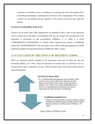 a decision as to whether a term is a condition or a warranty, the court will consider all the
surrounding circumstances, including the seriousness of the consequences if the contract
is held to be non-binding and the intentions of the parties at the time they made the
contract.
Exclusion of responsibility of the terms:
Contract can be made where other organizations are probable to have a term in the agreement
which excludes one of the party’s accountability that may go wrong in the presentation of the
agreement or restrictions on that accountability (DiMatteo, L. A. 1998). It is called
a “PROHIBITING PARAGRAPH” or a release clause. Based on the scenario, a prohibiting
clause from “RESPONSIBILITY” for spoil done to the TAM’s marketing campaign by NAMS
might be included in the agreement between NAMS and TAM’s college.

2.3 EVALUATION OF THE EFFECT OF DIFFERENT TERMS
There are numerous periods included in the agreements and some of them are only for
formalities (Okeke, C.N. 1988). These are formation of contract and it is essential to be in a
written and the close is required to set up it. There are many types of law and it desires diverse
types of formalities.

The Patrol Evidences Rule
• It is a function that encompasses oral evidences. Oral
evidence may not be adduced to adjoin to say thet
they are not shown to be a bogus in writing article
(Okeke, C.N. 1988). The contract habitually tries to
the law of confirmation and concerns not only to
agreements but also all types of credentials.

Establishing Implied Terms
• There are some positions in which contracts need to
establish the inferred terms formally and it is made
from one person to another person (Okeke, C.N.
1988).
Figure: Effects of Different Terms
9

 