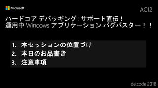 ハードコア デバッギング : サポート直伝！
運用中 Windows アプリケーション バグバスター！！
AC12
1. 本セッションの位置づけ
2. 本日のお品書き
3. 注意事項
 