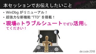 • WinDbg がリニューアル！
• 超強力な新機能 “TTD” を搭載！
• 現場のトラブルシュートでぜひ活用し
てください！
本セッションでお伝えしたいこと
 