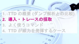 1. TTD の概要 (ダンプ解析との比較)
2. 導入・トレースの採取
3. よく使うコマンド
4. TTD が威力を発揮するケース
 