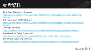 Time Travel Debugging – Overview
https://docs.microsoft.com/en-us/windows-hardware/drivers/debugger/time-travel-debugging-
overview
Debugging Using WinDbg Preview
https://docs.microsoft.com/en-us/windows-hardware/drivers/debugger/debugging-using-windbg-
preview
Debugger Reference
https://docs.microsoft.com/en-us/windows-hardware/drivers/debugger/debugger-reference
Overview of x64 Calling Conventions
https://docs.microsoft.com/en-us/cpp/build/overview-of-x64-calling-conventions
SOS.dll (SOS Debugging Extension)
https://docs.microsoft.com/en-us/dotnet/framework/tools/sos-dll-sos-debugging-extension
参考資料
 