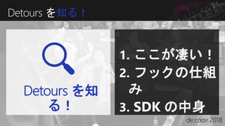 Detours を知る！
Detours を知
る！
1. ここが凄い！
2. フックの仕組
み
3. SDK の中身
 