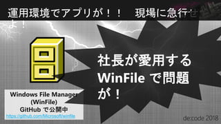 運用環境でアプリが！！ 現場に急行せ
よ！
Windows File Manager
(WinFile)
GitHub で公開中
https://github.com/Microsoft/winfile
社長が愛用する
WinFile で問題
が！
 