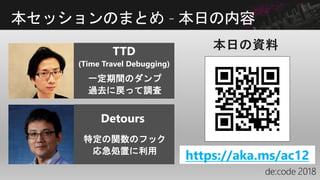 本セッションのまとめ - 本日の内容
特定の関数のフック
応急処置に利用
一定期間のダンプ
過去に戻って調査
TTD
(Time Travel Debugging)
Detours
https://aka.ms/ac12
 