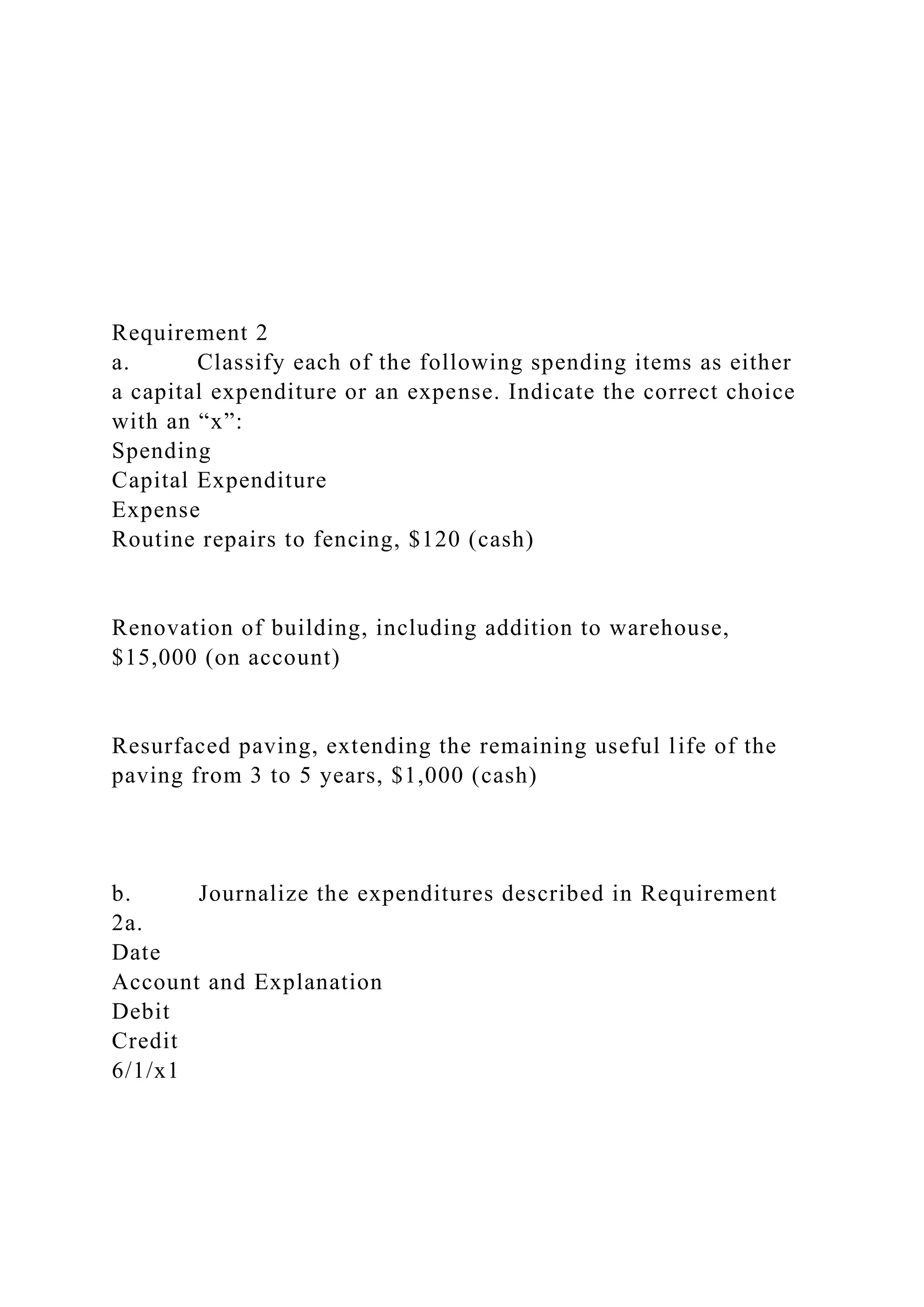 Requirement 2
a. Classify each of the following spending items as either
a capital expenditure or an expense. Indicate the correct choice
with an “x”:
Spending
Capital Expenditure
Expense
Routine repairs to fencing, $120 (cash)
Renovation of building, including addition to warehouse,
$15,000 (on account)
Resurfaced paving, extending the remaining useful life of the
paving from 3 to 5 years, $1,000 (cash)
b. Journalize the expenditures described in Requirement
2a.
Date
Account and Explanation
Debit
Credit
6/1/x1
 