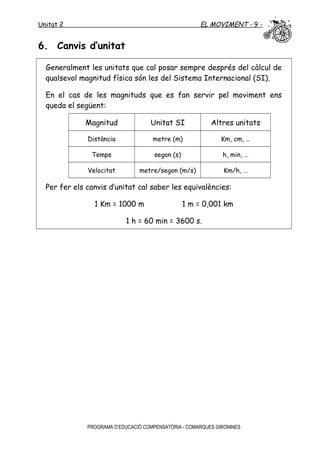 Unitat 2 EL MOVIMENT - 9 -
6. Canvis d’unitat
Generalment les unitats que cal posar sempre després del càlcul de
qualsevol magnitud física són les del Sistema Internacional (SI).
En el cas de les magnituds que es fan servir pel moviment ens
queda el següent:
Magnitud Unitat SI Altres unitats
Distància metre (m) Km, cm, …
Temps segon (s) h, min, …
Velocitat metre/segon (m/s) Km/h, …
Per fer els canvis d’unitat cal saber les equivalències:
1 Km = 1000 m 1 m = 0,001 km
1 h = 60 min = 3600 s.
PROGRAMA D’EDUCACIÓ COMPENSATÒRIA - COMARQUES GIRONINES
 