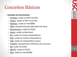 Conceitos Básicos
• Exemplos de barramentos:
• Omnibus: usado no PDP-8 da DEC;
• Unibus: usado no PDP-11 da DEC;
• Multibus: usado no Intel 8086;
• VME: equipamento para laboratório de física;
• Microchannel: usado no PS2/2;
• Nubus: usado no Macintosh
• PCI: usado em muitos computadores;
• SCSI: usado em muitos computadores;
• USB: usado em computadores atuais;
• FireWire: equipamentos eletrônicos de consumo;
• ISA: usado no PC/AT;
• IBM PC: usado no PC/XT;
• EISA: usado no Intel 80386;
36
 