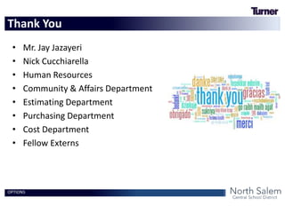 • Mr. Jay Jazayeri
• Nick Cucchiarella
• Human Resources
• Community & Affairs Department
• Estimating Department
• Purchasing Department
• Cost Department
• Fellow Externs
Thank You
OPTIONS
 