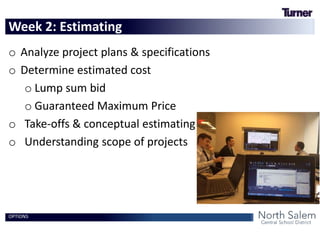 o Analyze project plans & specifications
o Determine estimated cost
o Lump sum bid
o Guaranteed Maximum Price
o Take-offs & conceptual estimating
o Understanding scope of projects
Week 2: Estimating
OPTIONS
 