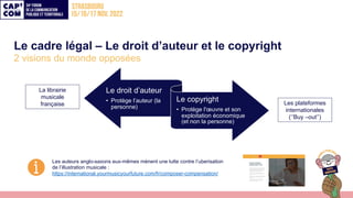 Le cadre légal – Le droit d’auteur et le copyright
2 visions du monde opposées
Le droit d’auteur
• Protège l’auteur (la
pe...