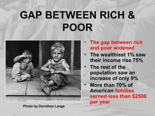 GAP BETWEEN RICH &
POOR
• The gap between rich
and poor widened
• The wealthiest 1% saw
their income rise 75%
• The rest of the
population saw an
increase of only 9%
• More than 70% of
American families
earned less than $2500
per year
Photo by Dorothea Lange
 