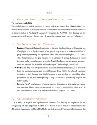Task 3
3.1

CONTRASTING LIABILITY IN TORT WITH CONTRACTUAL LIABILITY

Tort and contract liability:
The regulation of tort and of agreement is categorized as part of the "Law of Obligations", but
the law of tort concerns to every person that it is relevant to, while in the regulation of contract or
in trusts obligation is "Voluntarily Assumed" (Doughlas, L. A. 1998). Tort damages are for
compensation while contract damages are calculated for expected losses over a period of time.

3.2

THE NATURE OF LIABILITY IN NEGLIGENCE

 Breach of Contract:Breach of agreement is the most significant thing in the contract tort
of negligence. It is the demeanour of the people to proceed as a reckless individual or
party and not performing the agreement terms and conditions(Doughlas, L. A. 1998).
This element implies the pre-existence of a standard of correct behaviour to avoid
imposing undue risks of damage to people. NAMS has broken the agreement when they
could not continue the promotion and marketing of TAM’s college for one week.
 DUTY:The duty is an obligation of one individual to another individual, it is conceived
form the communal desires and beliefs(Doughlas, L. A. 1998). The glue of communal
obligation is the threaded that binds humans to one another in assemblies where
preferences are advised inappropriately if they contravene a pre-existing impulse and
restore hastily.
 Cause in Fact:A small number of trouble are more fascinating, with tenacity more vague
then causation. Based on the surrounds and performances an individual might select to
take steps and avoid doing silly dramatics in assured(Doughlas, L. A. 1998).

3.3

VICARIOUS LIABILITY IN BUSINESS

It is a policy of English tort regulation that imposes firm liability on employers for the
wrongdoings of their employees (Leibee, B. C. 1976). While a worker is conducting his/her
obligations, thecompany will be held liable for any tort promised. Vicarious liabilities mean that

9

 