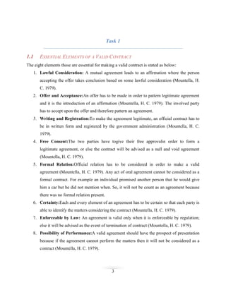 Task 1
1.1

ESSENTIAL ELEMENTS OF A VALID CONTRACT

The eight elements those are essential for making a valid contract is stated as below:
1. Lawful Consideration: A mutual agreement leads to an affirmation where the person
accepting the offer takes conclusion based on some lawful consideration (Mountella, H.
C. 1979).
2. Offer and Acceptance:An offer has to be made in order to pattern legitimate agreement
and it is the introduction of an affirmation (Mountella, H. C. 1979). The involved party
has to accept upon the offer and therefore pattern an agreement.
3. Writing and Registration:To make the agreement legitimate, an official contract has to
be in written form and registered by the government administration (Mountella, H. C.
1979).
4. Free Consent:The two parties have togive their free approvalin order to form a
legitimate agreement, or else the contract will be advised as a null and void agreement
(Mountella, H. C. 1979).
5. Formal Relation:Official relation has to be considered in order to make a valid
agreement (Mountella, H. C. 1979). Any act of oral agreement cannot be considered as a
formal contract. For example an individual promised another person that he would give
him a car but he did not mention when. So, it will not be count as an agreement because
there was no formal relation present.
6. Certainty:Each and every element of an agreement has to be certain so that each party is
able to identify the matters considering the contract (Mountella, H. C. 1979).
7. Enforceable by Law: An agreement is valid only when it is enforceable by regulation;
else it will be advised as the event of termination of contract (Mountella, H. C. 1979).
8. Possibility of Performance:A valid agreement should have the prospect of presentation
because if the agreement cannot perform the matters then it will not be considered as a
contract (Mountella, H. C. 1979).

3

 