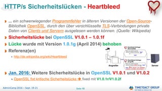 Seite 15AdminCamp 2016 – Sept. 19-21
... ein schwerwiegender Programmfehler in älteren Versionen der Open-Source-
Bibliothek OpenSSL, durch den über verschlüsselte TLS-Verbindungen private
Daten von Clients und Servern ausgelesen werden können. (Quelle: Wikipedia)
Sicherheitslücke bei OpenSSL V1.0.1 – 1.0.1f
Lücke wurde mit Version 1.0.1g (April 2014) behoben
Referenz(en)
http://de.wikipedia.org/wiki/Heartbleed
Jan. 2016: Weitere Sicherheitslücke in OpenSSL V1.0.1 und V1.0.2
OpenSSL fixt kritische Sicherheitslücke  fixed mit V1.0.1r/V1.0.2f
HTTP/s Sicherheitslücken - Heartbleed
 